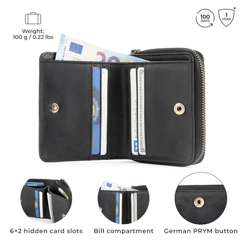 Image of BERLINER BAGS Soft Leather Small Wallet Women Sara, Gift Box - Dark Grey | Genuine Leather Bifold Zip Wallet, Fits Purses & Crossbody Bags, 8 Card Slots, Zipped Coin Pocket, RFID Blocking