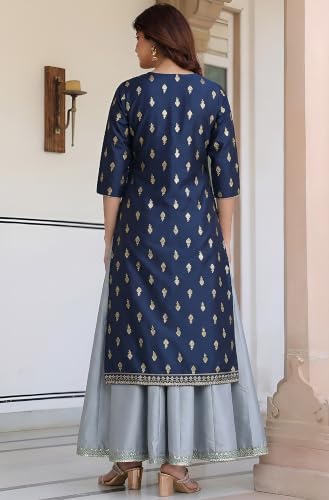 Image of Janasya Women's Silk Blend Foil Printed Anarkali Ethnic Dress with Inner