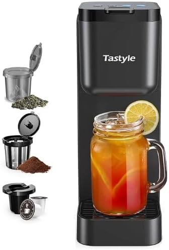 Tastyle Coffee Maker showing various brewing options like coffee pods, ground coffee, and tea leaves, implying versatility for different cup sizes.