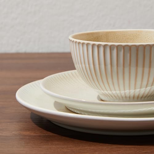 Image of Pokini Ceramic Dinnerware Sets for 4, 12 Pieces Embossed Stoneware Plates and Bowls Sets, Scratch Resistant Dish Sets, Distinctive Granulated Surface, Housewarming Wedding Gift, Brown
