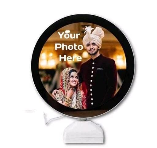 M.K Gift Gellery Personalized/Customized Magic Round Mirror Photo Frame with LED Lights Tabletop Designed for Gifts to Your Loved One,, White