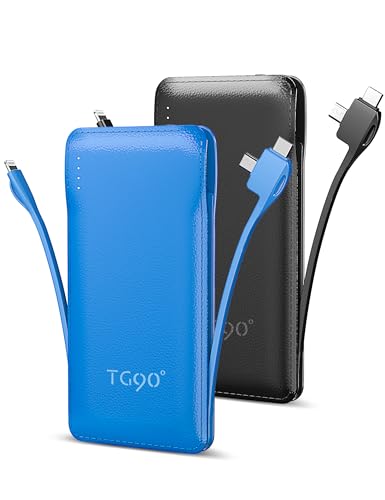 TG90° 2 Pack Slim Portable Charger with Built in Cables,10000mAh Power Bank Travel Charger Cell Phone External Battery Pack,4 Output Portable Bank Compatible with iPhone Android Phone