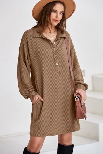 AlvaQ Womens Long Sleeve Dress Loose Button Front Lapel Collared Ribbed Knit Mini Dresses with Pockets4