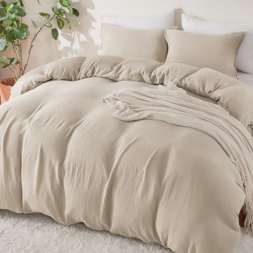 Image of EMME Muslin Cotton Duvet Cover Set Linen Like Beige King