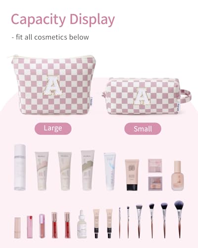 Narwey Checkered 2 Piece Personalized Initial Makeup Bag Cosmetic Bags, 6 8 10 11 12 13 14 16 18 Years Old Birthday Gifts for Women Teen Girl Gifts Trendy Stuff, Travel Toiletry Bag (Pink Letter A)3