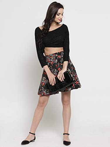 Image of Sera Women's Floral Print Black Viscose Rayon A-Line Casual Mini Skirt