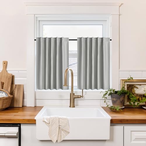 Image of RYB HOME 100% Blackout Short Curtains for Small Window, Thermal Insulated Noise Reducing Back Tab Curtains for Nursery Bathroom Basement, 42 inches Wide by 30 inches Long, Sliver Grey