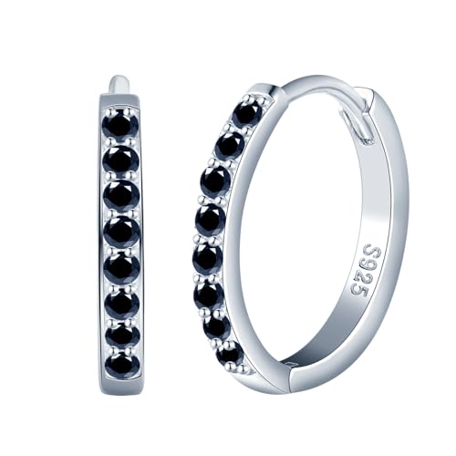 CPSLOVE Elegante Damen Ohrringe 925 Sterling Silber Creolen Mädchen Fashion Reifen Ohrringe mit Schwarz Zirkonia Hoop Durchmesser 1.2cm