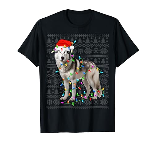 Siberian Husky Dog Santa Hat Xmas Tree Lights Ugly Christmas Camiseta