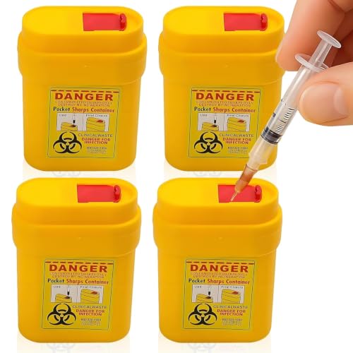 Tarqite 4 Stück Kanülenabwurfbehälter Mini Abwurfbehälter mit Schiebedeckel Nadelentsorgungsbehälter Sharps Bin Tragbar Sicherer Entsorgungsbox für Spritzen Nadelentsorgung 10 x 7.6cm