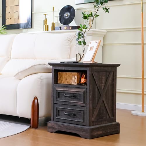 Image of ALBAD Farmhouse Nightstands with Charging Station,Walnut Brown Tabletop | End Tables with 2 Drawers, Cube Storage Organizer, USB Ports, Metal Handles, for Rustic Bedroom Bedside, Living Room, Dorm