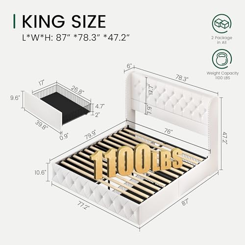 LARMACE-King-Size-Bed-Frame-with-4-Storage-Drawers-and-Wingback-Headboard-Velvet-Upholstered-Platform-Bed-Frame-Tufted-Beds-with-Wooden-Slats-Support-Easy-Assembly-White