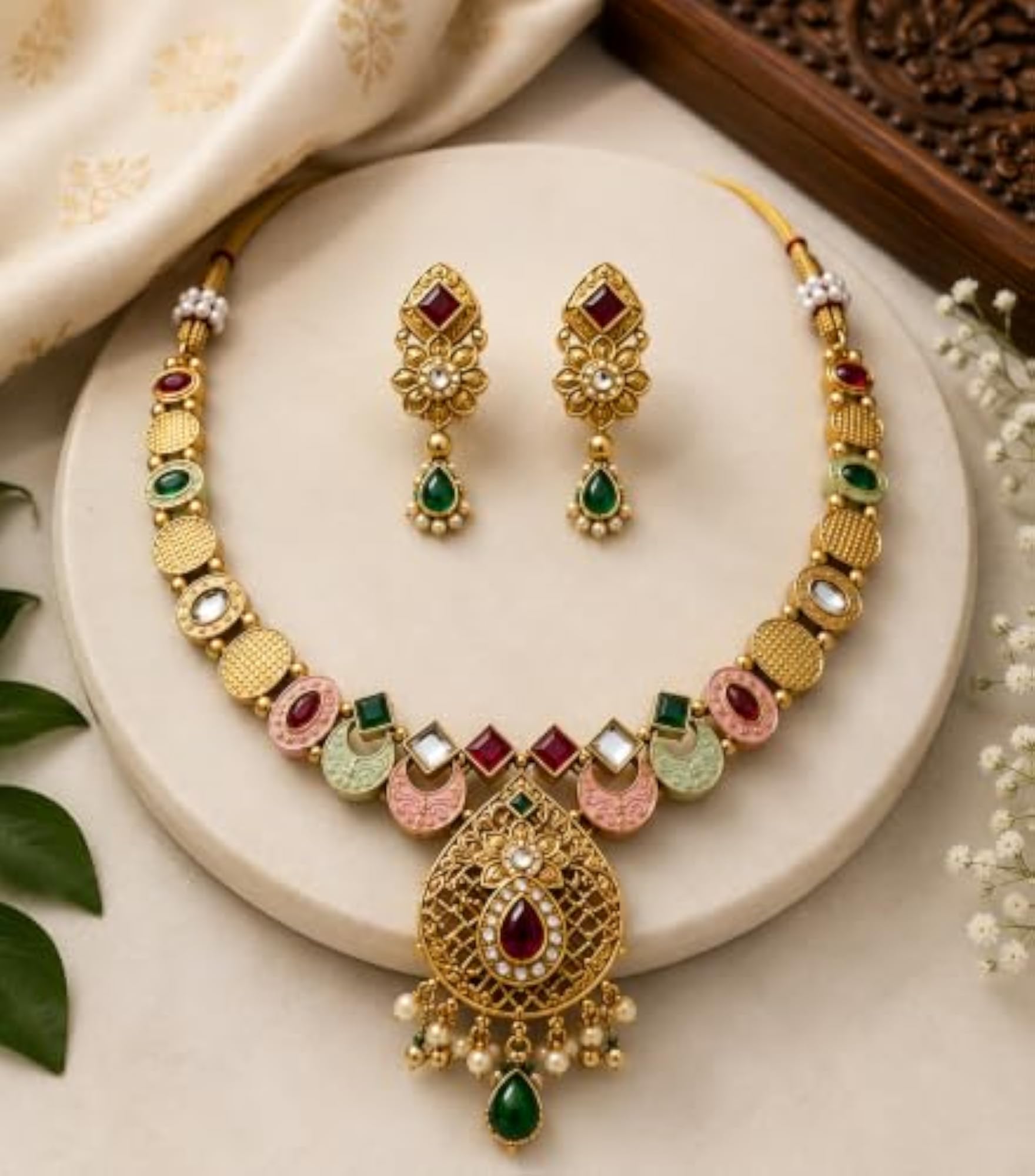 Gold Plated Multicolor Enamel Necklace Set with Earrings