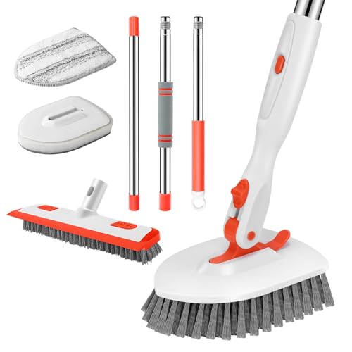 Image of SetSail 4-in-1 Tile Tub Floor Scrubber with 52-inch Adjustable Long Handle Shower Cleaner Brush Comes with Floor Scrub Brush and 3 Replacement Brush Heads for Cleaning Bathroom Tub Tile, Orange