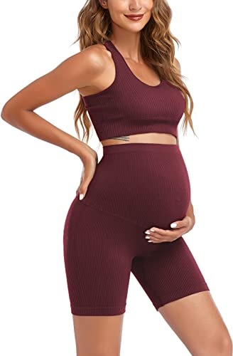 Image of Women's Maternity 2 Piece Outfit Set - Bra & Shorts for Pregnancy - Yoga workout Lounge Wear Sets