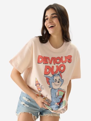 Image of The Souled Store Women's Cotton Oversized Fit Tom and Jerry: Devious Duo Oversized T-Shirts