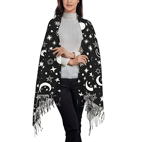 Bagea-Ka Black White Moon and Star Pattern Scarf Long Shawl Wraps Pashmina for Women Girls with Tassels Soft Warm Cozy