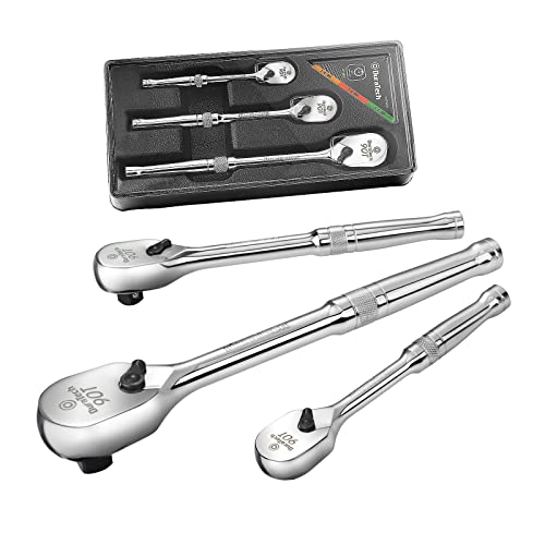Duratech 3-Piece Ratchet Set, 1/4", 3/8", 1/2" Drive Ratchets, Dirt Resistance 90-Tooth Ratchet Wrench, Chrome Alloy Made, Fully Polished, Organized In Storage Case #TOP10