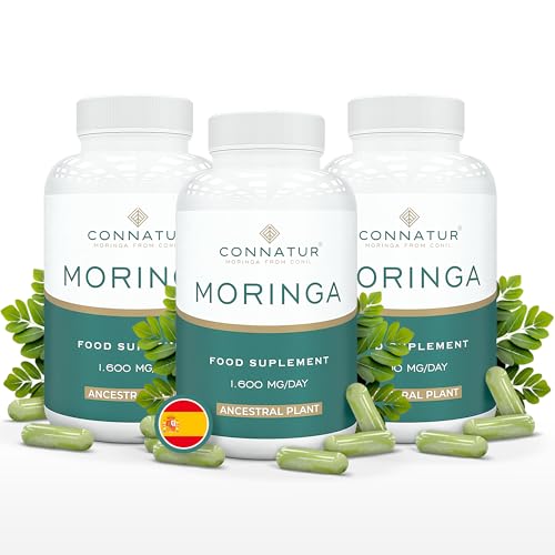 Connatur Moringa From Conil | Pack de 3 | 360 cápsulas de hoja de Moringa 100% pura | Cultivada y encapsulada en España | Sin Gluten y para veganos | Fuente de antioxidantes, vitaminas y minerales.