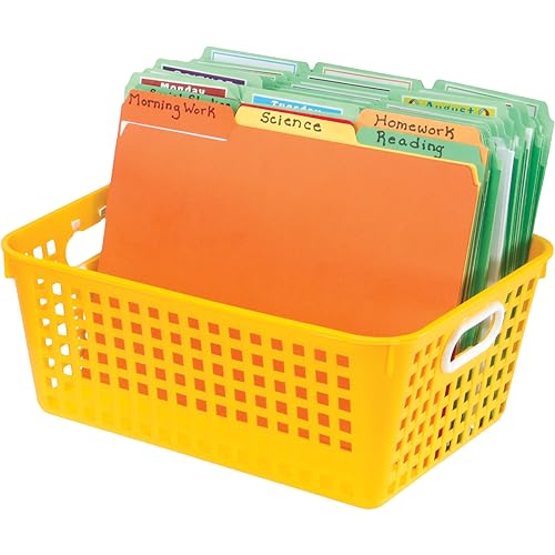 Image of Really Good Stuff Large Plastic Storage Baskets with Handles | 13.75 inch x 9.75 inch x 5 inch, Rainbow Group Colors, Book & Supply Organization for Classrooms & Home