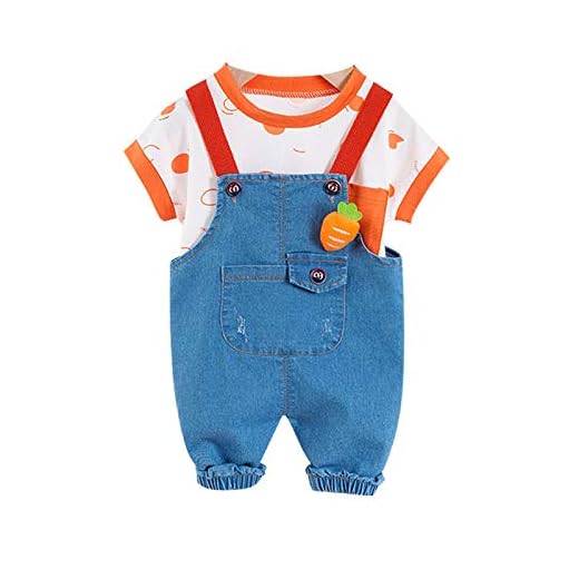 Loalirando Conjunto de ropa de bebé unisex de manga corta + peto de vaqueros con bolsillos grandes y pernera elástica de verano, ropa de bebé de algodón naranja. 18-24 Meses