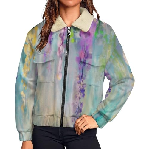 Veste en peluche chaude pour femme avec fermeture éclair et motif fleurs rétro