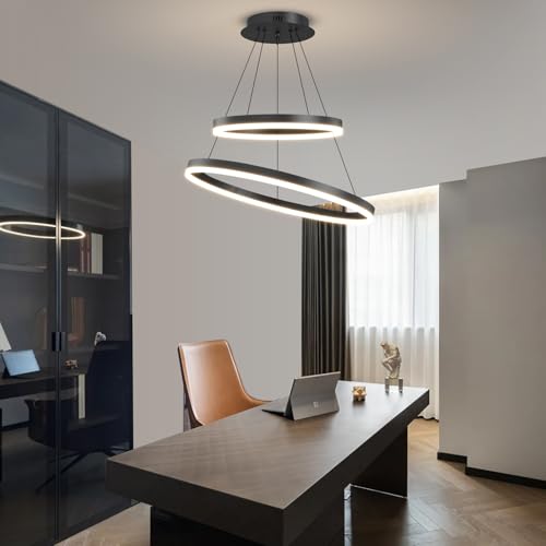 Mikeru 20+40cm 2 Ring Black Pendant Light, Round Double Chandelier Ceiling Shape be Changed Modern Pendant Dining Light 3000k/4500k/6000k 10%-100% Dimmable 1.5m Cord Length Adjustable for Living Room