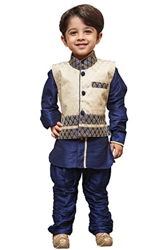 JBN Creation Boys' Blue Cotton Silk Kurta Modi Jacket and Breedges Set(VASBJSH001BU_14)