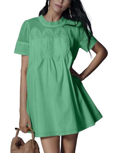 Image of Shiyifa Womens Babydoll Lace Patchwork Dresses Summer Short Sleeve Ruffle Sundress Loose Crew Neck A-Line Dresses