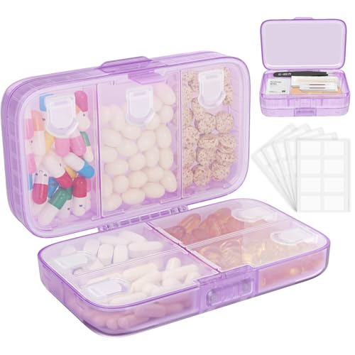 Image of FYY Weekly Pill Organizer with Labels,8 Compartments Travel Daily Pill Case Airtight Moistureproof Large Pill Box to Hold Vitamins, Fish Oil, Supplements,Cotton Swab and Bandages-Purple