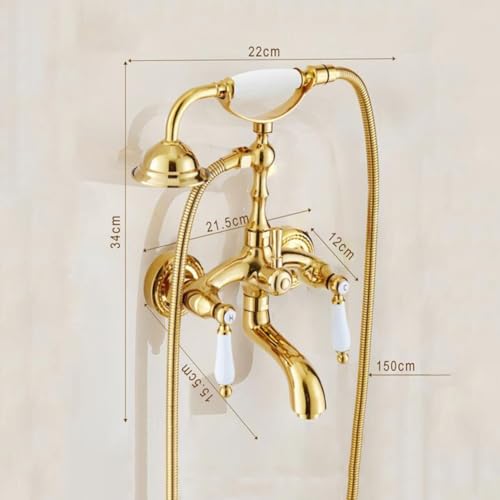 Robinet de baignoire double poignée en laiton vintage avec flexible 1,5m