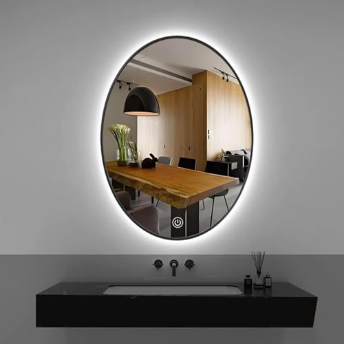 Miroir rétroéclairé ovale LED intensité variable cadre alu