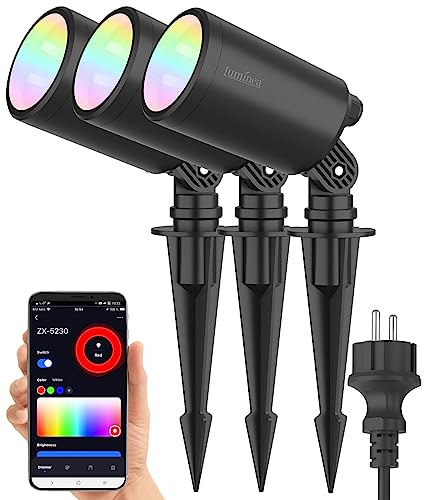 Luminea Home Control Spot: 3er-Set WLAN-Gartenstrahler, RGB & CCT, 7 W, 520 lm, IP65, App (Gartenspots, LED-Gartenstrahler Erdspieß Set, RGBW)