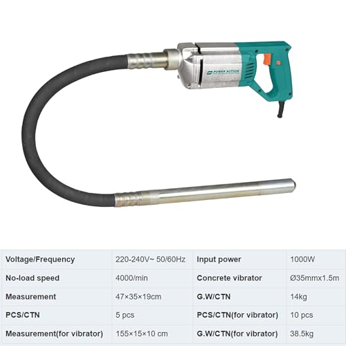 Image of Sulfar Power Action CV1000 Concrete Vibrator Input Power 1000W 220-240V, 50Hz No Load Speed 4000 /min Concrete Vibrator 35mmx1.5mm (CV1000)