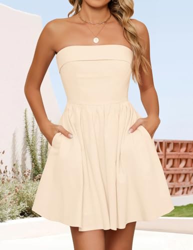 Image of ZESICA Women's Summer Strapless Mini Dress 2026 Casual Off Shoulder A Line Swing Boho Beach Vacation Party Short Dresses