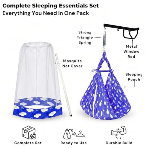 Image of VParents Sleeping Essentials with Mosquito Net & Spring with Window Stand, Sunny (Blue)
