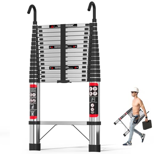 4.4M Thickened Telescopic Ladder Extendable Ladder 14.5ft Stainless Steel Telescopicing Ladder with Detachable Roof Hooks, Stronger than Others