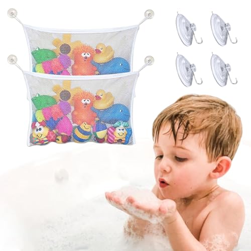 SYEYCW 2 Piezas Bolsa Juguetes Bañera, Organizadores de Juguetes Baño con 4 Ganchos de Ventosa & 4 Ganchos Adhesivos, Bolsa Juguetes Bañera, Bolsa Organizadora para Juegos de Baño para Niño