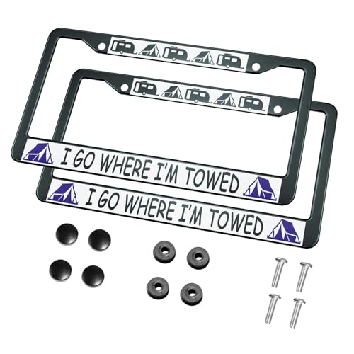 HOSNYE I Go Where I'm Towed License Plate Frame Black 2 Pcs Black Camper Vans Blue Tent Metal Cute Licenses Plates Frames Licenses Plate Covers Car Tag Frame for Women Men US Vehicles, 12 x 6 Inch