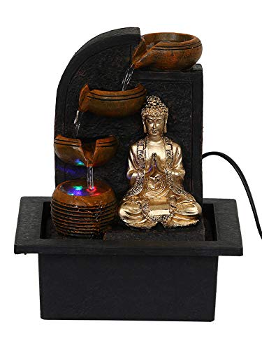 Image of Polyresin Golden Brown Namaskara Mudra Buddha Indoor Table Top Home Decor 3 Steps Water Fountain with Multicolour LED & Speed Controller Pump (Size: 25 x 21 x 18.5CM |Weight: 1170grm)