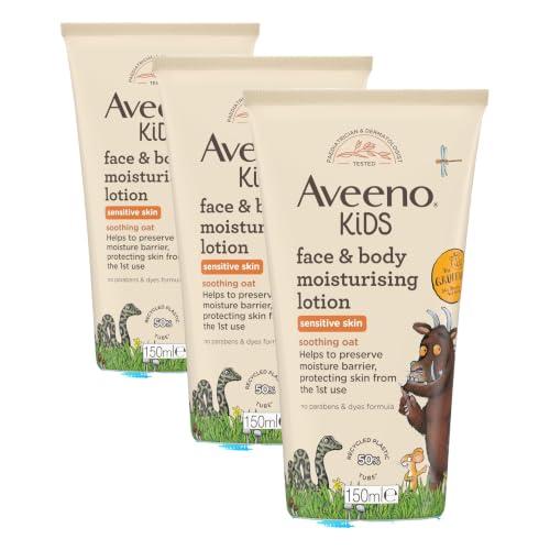 Image of Aveeno Kids Moisturising Face & Body Lotion (3 x 150ml), Non-Greasy Body and Face Moisturiser With Gentle Fragrance, Kids' Moisturising Lotion Suitable for Sensitive Skin