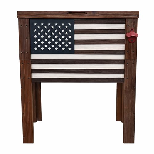 Backyard Expressions Rustic Wooden Patio Cooler with Bottle Opener & Drain Plug – Outdoor Beverage Cooler for Deck, Porch, Patio & Backyard Entertaining (57 Qt American Flag)