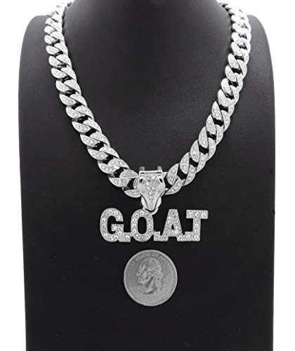 NYFASHION101 Stone Stud GOAT Pendant with 10mm Iced Out Bling Miami Cuban Chain Necklace2