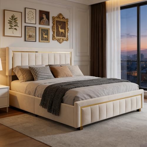 BRILVERDE Cama Tapizada 160x200 con Almacenaje, Cama matrimonial, Cabecero Acolchado y Base de Láminas, Terciopelo (Blanco, 160 x 200 cm)