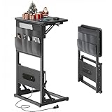 HLDIRECT C Shaped End Table with Charging Station, Couch Side Table with Storage Bag, Foldable TV Tray with 2 USB Ports and Outlets for Living Room, Bedroom, Black