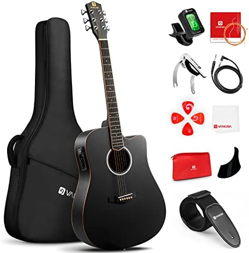 Electric Acoustic Guitar, Full Size 41 Inch Acoustic Guitar Cutaway Bundle with Pickups for Beginners Adults Teens, Matte Black, by Vangoa