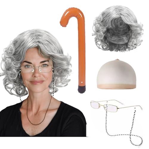 FUIPVGI Conjunto de disfraz de anciana, juego de peluca de abuela gris con lentes de peluca de abuela con kit de accesorios de cadena, gorra de peluca de abuela para Halloween, Día Mundial del Libro
