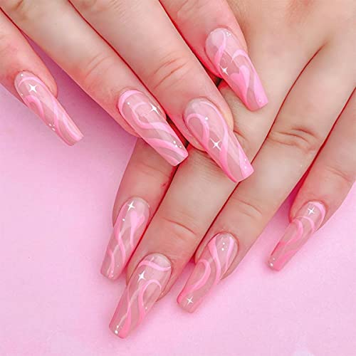 Vatocu Uñas postizas cuadradas brillantes y largas líneas rosadas a presión, uñas postizas blancas nude, uñas acrílicas de estrella para mujeres y niñas (24 piezas) Cover
