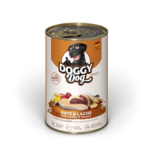 DOGGY Dog Paté Ente & Lachs, 6 x 400 g, Nassfutter für Hunde, getreidefreies Hundefutter mit Lachsöl und Grünlippmuschel, Alleinfuttermittel mit Süßkartoffel und Tomate, Made in Germany