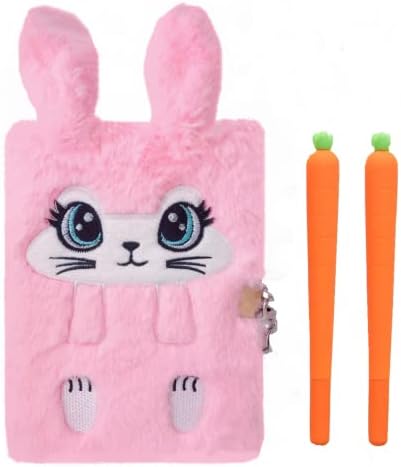 Luolizon Bunny Diary with Lock for Girls,Kids Cute Fuzzy Journal Girls Fluffy Rabbit Notebook Age 8-12 Gift Set with 2 Carrot Pens for Birthday
